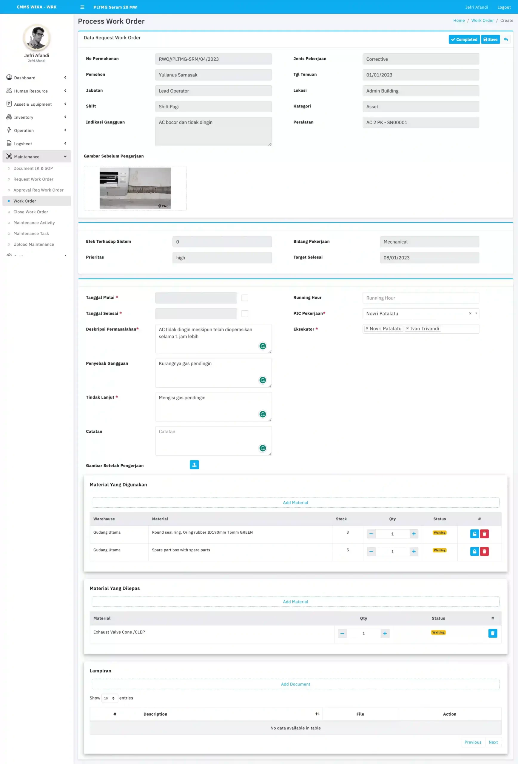 CMMS Computerized Maintenance Management System - Work Order