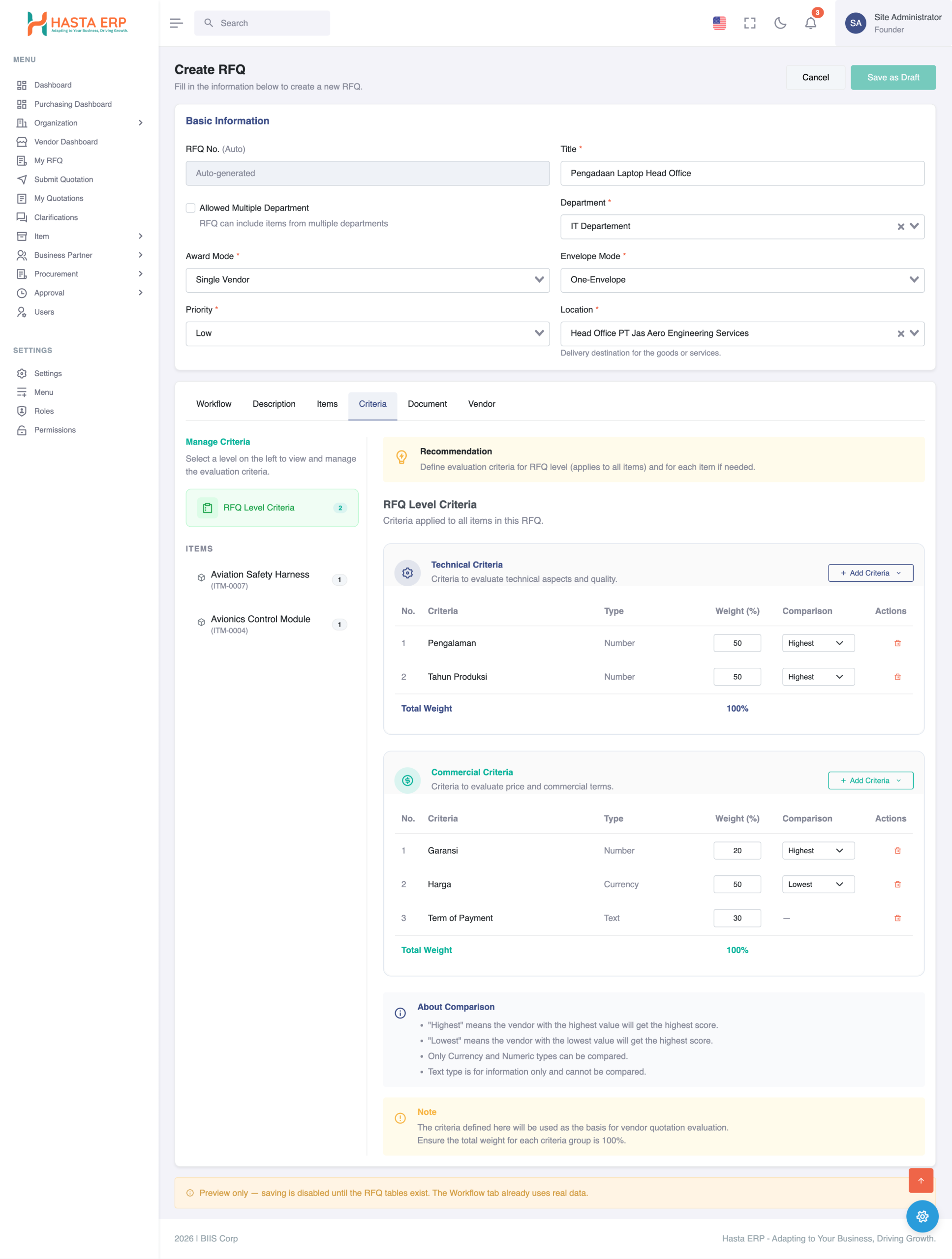 Create RFQ Software Procurement Hasta BIIS Corp